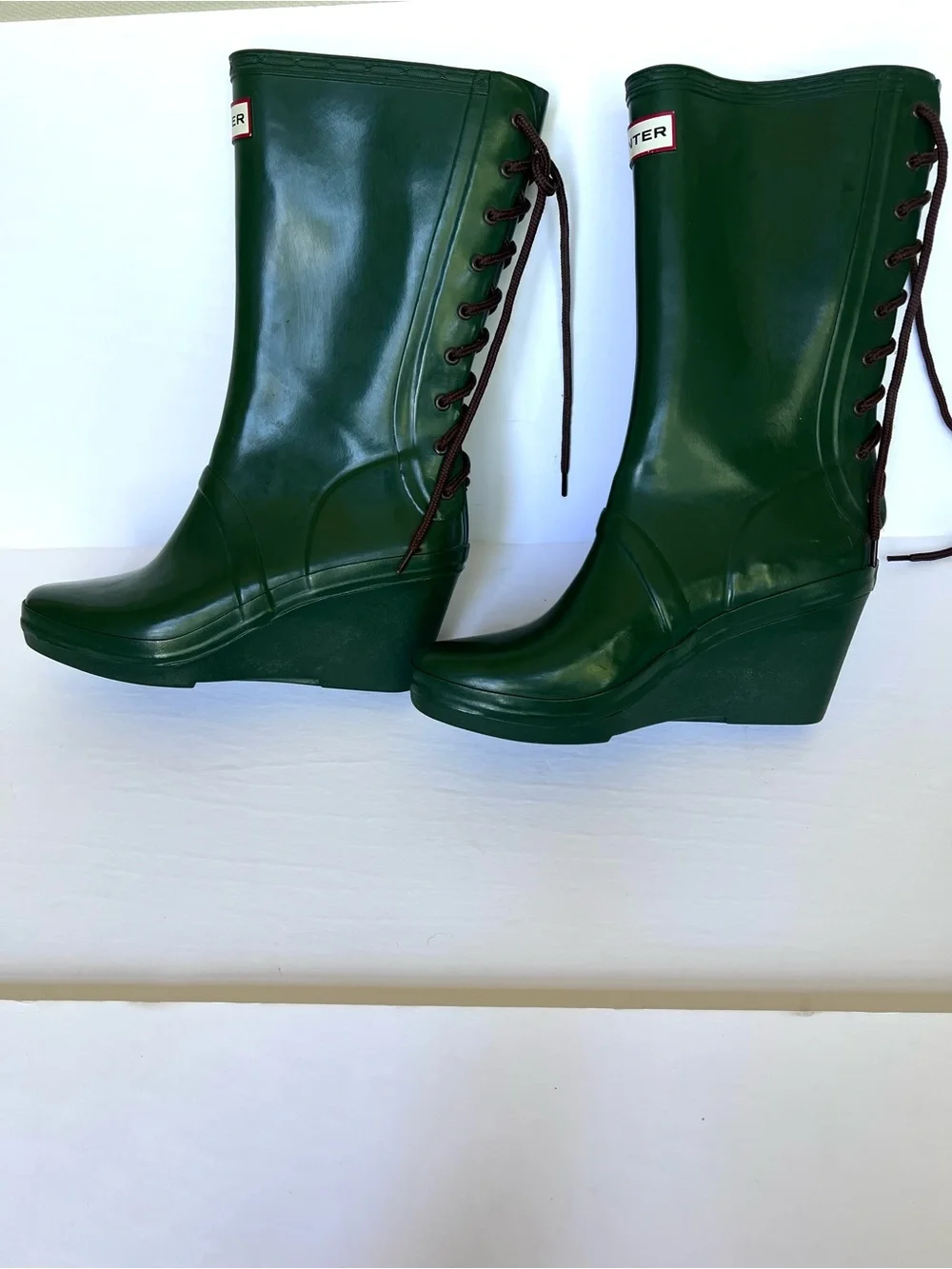 Hunter Dark Green Lace-Up Wedge Rain Boots